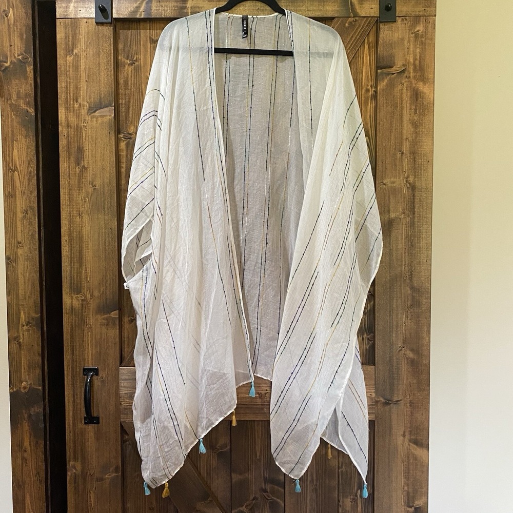 Torrid Swim Kimono Cover Up OS Gauzy Simi Sheer Open Front Color Stripes Tassels